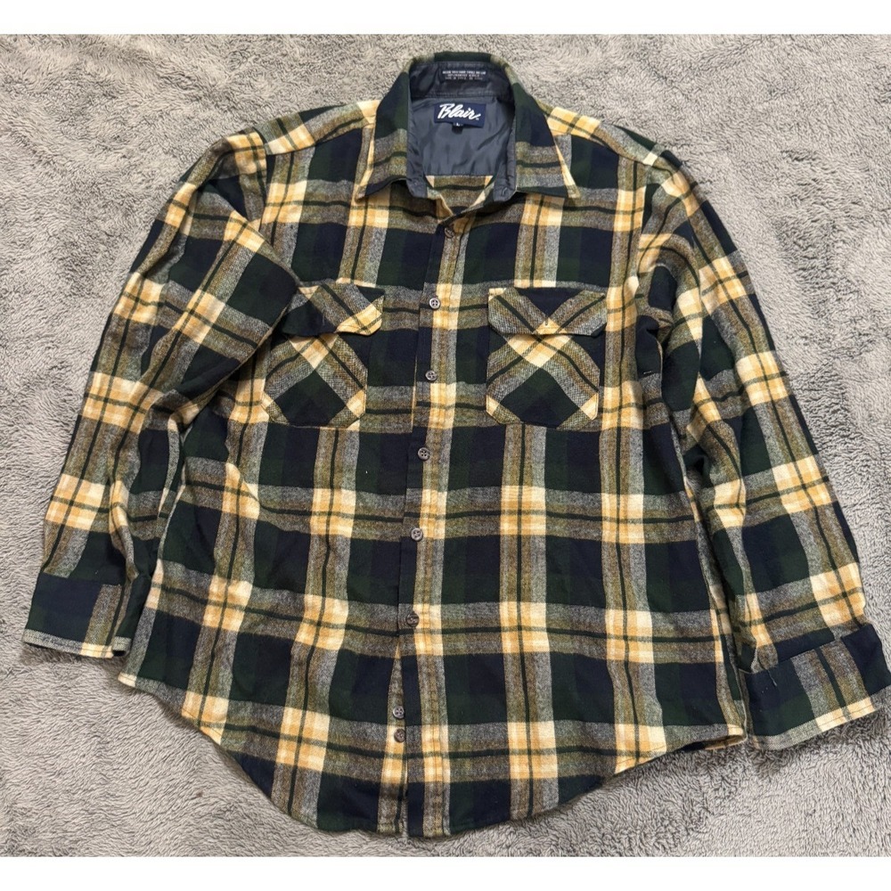 Blair Flannel Shirt Jacket Mens L Yellow Black Plaid Quilt Lined Pockets Vintage